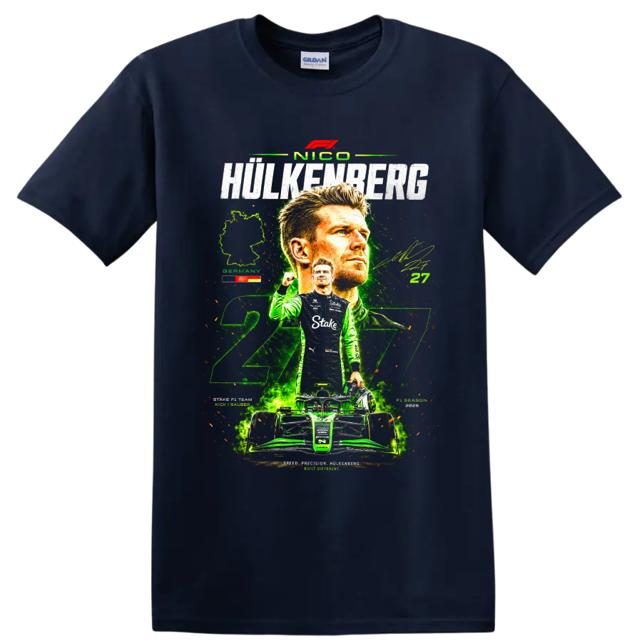 Nico Hülkenberg Kick Sauber 27 racing collage with portrait, helmet, and race car on a Navy (Blue) T Shirt