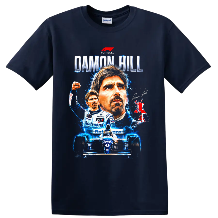 Damon Hill Williams Formula 1 portrait collage with race car and DAMON HILL text on a Navy (Blue) T Shirt