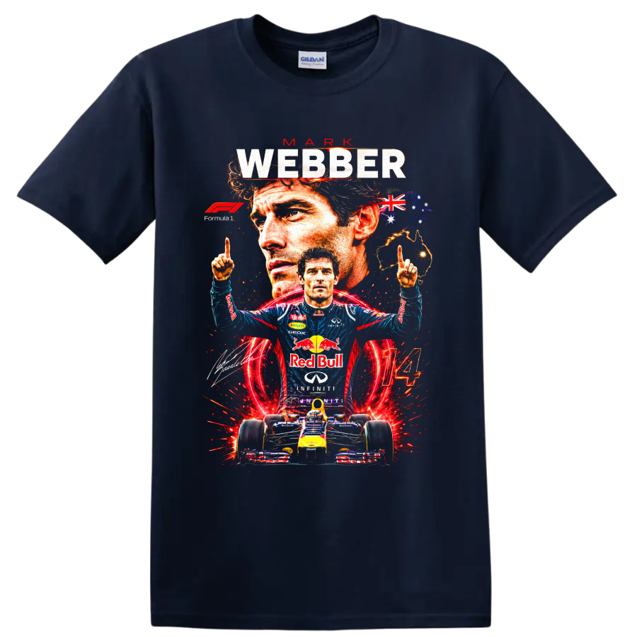 Mark Webber Red Bull Racing Formula 1 collage with Australian flag, race car and number 14 on a Navy (Blue) T Shirt
