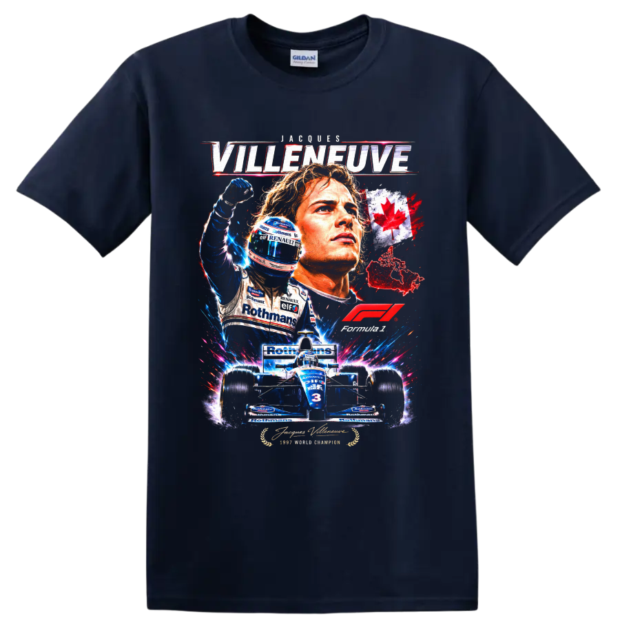 Jacques Villeneuve Williams Renault 1997 champion racing collage with Canadian maple leaf on a Navy (Blue) T Shirt