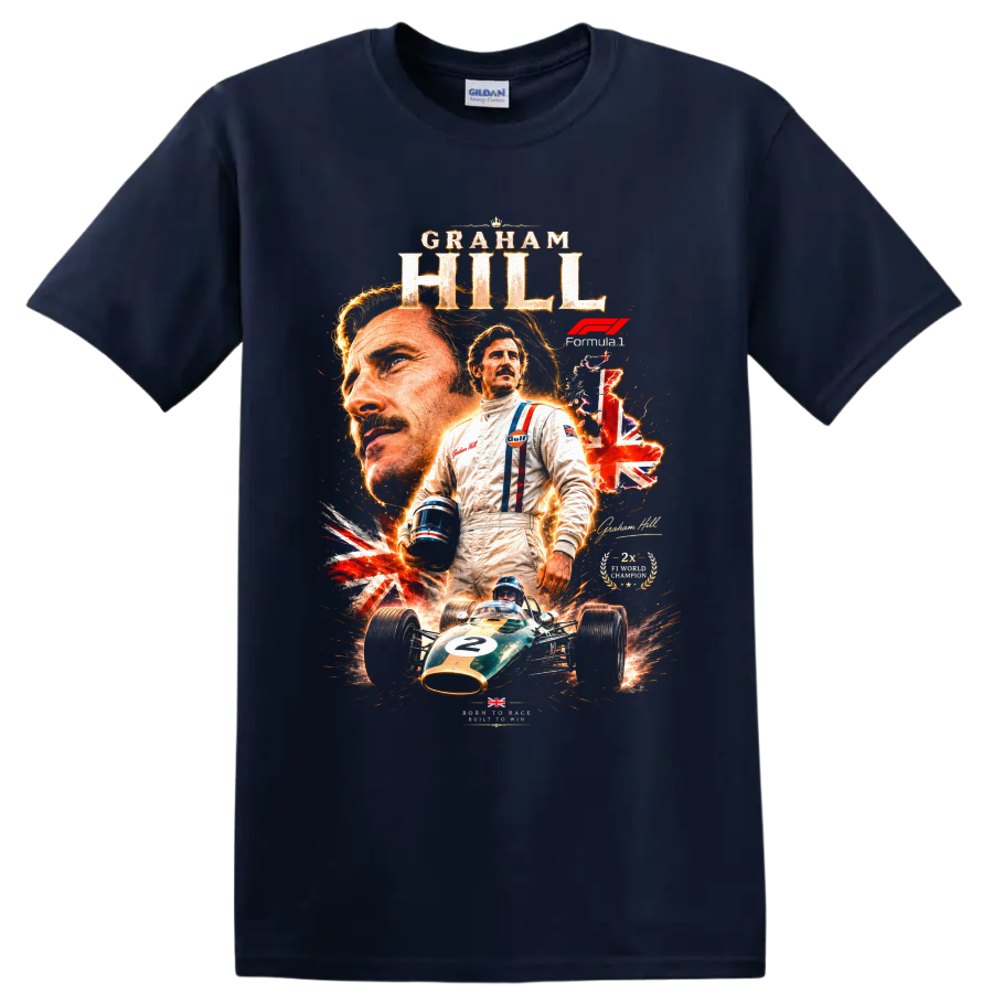 Graham Hill Formula 1 portrait with vintage number 2 race car and Union Jack collage on a Navy (Blue) T Shirt