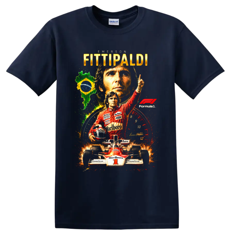 Emerson Fittipaldi Formula 1 racing collage with Brazil flag, number 1 car and portraits on a Navy (Blue) T Shirt