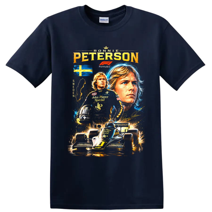 Ronnie Peterson Lotus Formula 1 collage with Swedish flag and black-and-gold race car on a Navy (Blue) T Shirt