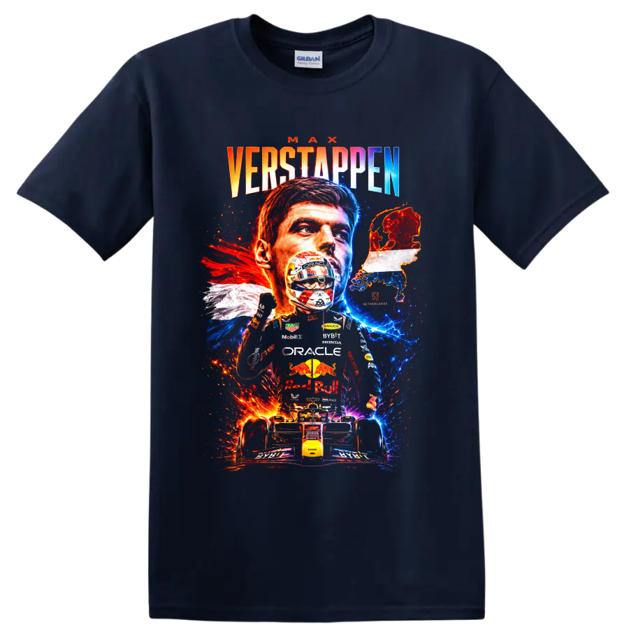 Max Verstappen Formula 1 portrait, helmet, race car, and Netherlands map graphic on a Navy (Blue) T Shirt