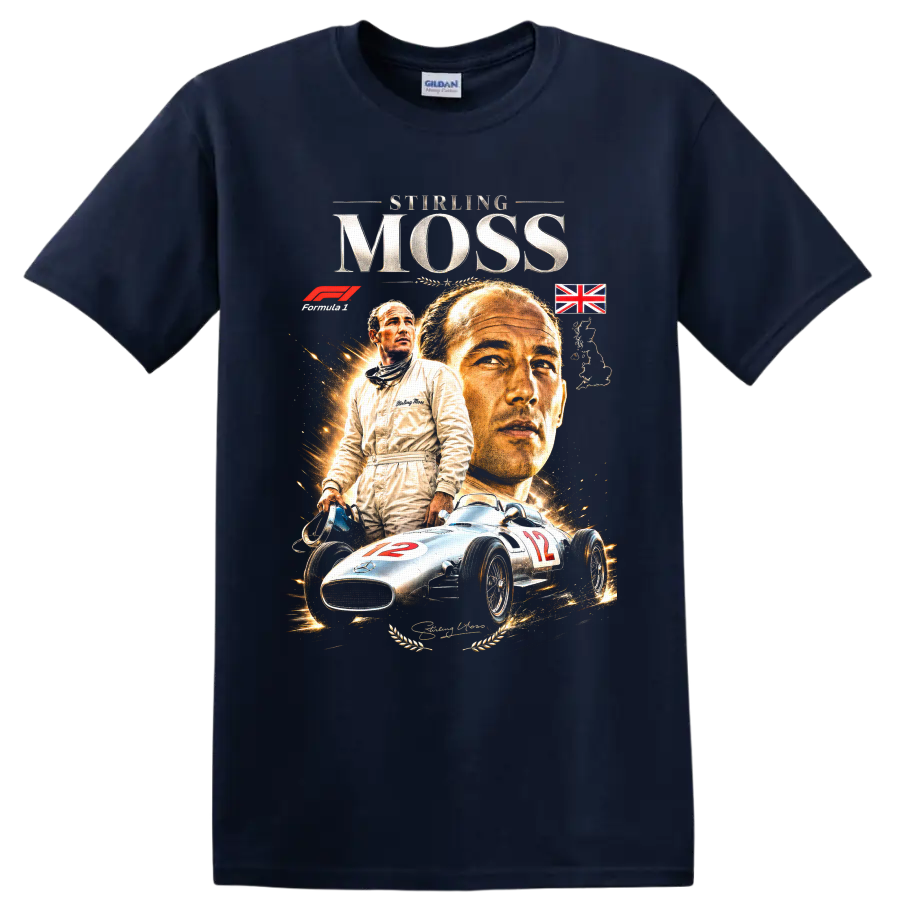 Stirling Moss portrait with silver number 12 Mercedes-Benz race car vintage racing graphic on a Navy (Blue) T Shirt