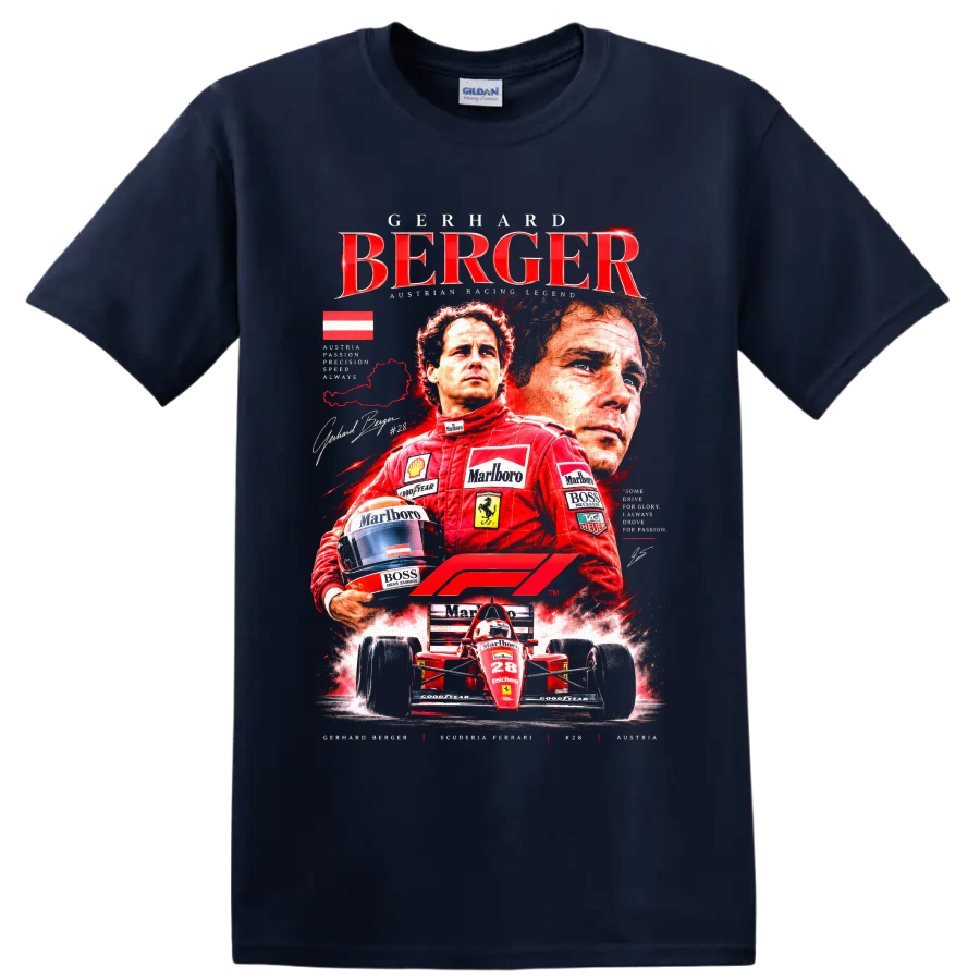 Gerhard Berger Ferrari Formula 1 vintage racing collage with red number 28 car on a Navy (Blue) T Shirt