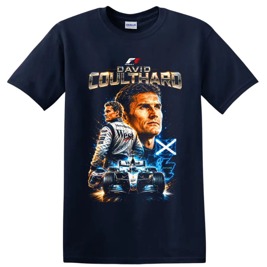 David Coulthard Formula 1 collage with McLaren car, Scotland flag, and electric effects on a Navy (Blue) T Shirt