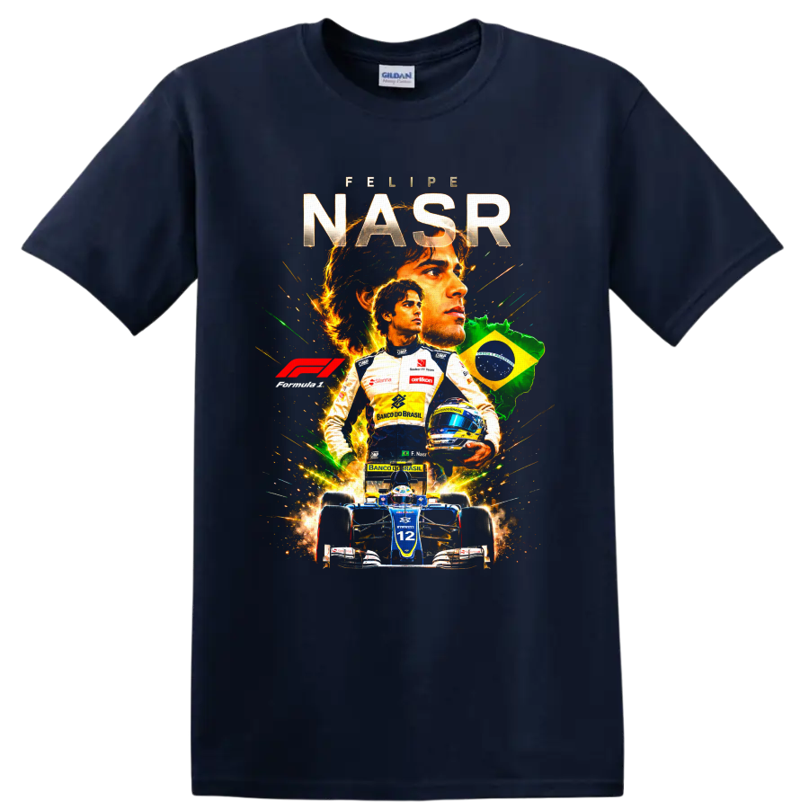 Felipe Nasr Formula 1 racing collage with Brazil flag and number 12 car on a Navy (Blue) T Shirt