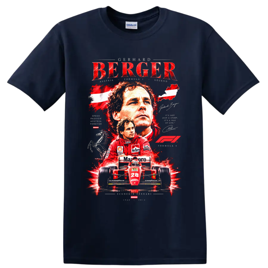 Gerhard Berger Ferrari Formula 1 portrait and number 28 race car collage graphic on a Navy (Blue) T Shirt