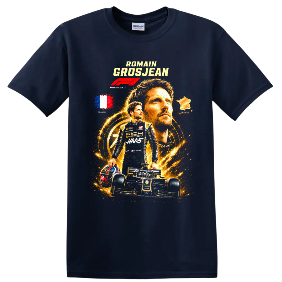 Romain Grosjean Haas F1 racing collage with number 8 car and French imagery on a Navy (Blue) T Shirt
