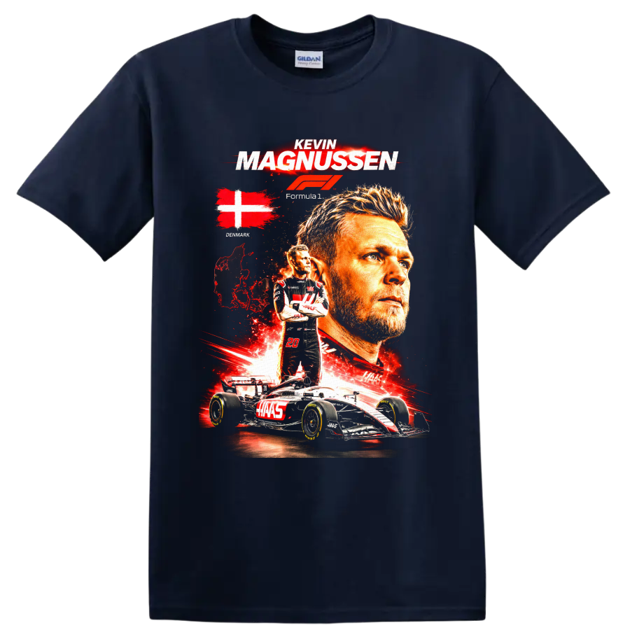 Kevin Magnussen Haas Formula 1 collage with Denmark flag, number 20, and race car on a Navy (Blue) T Shirt