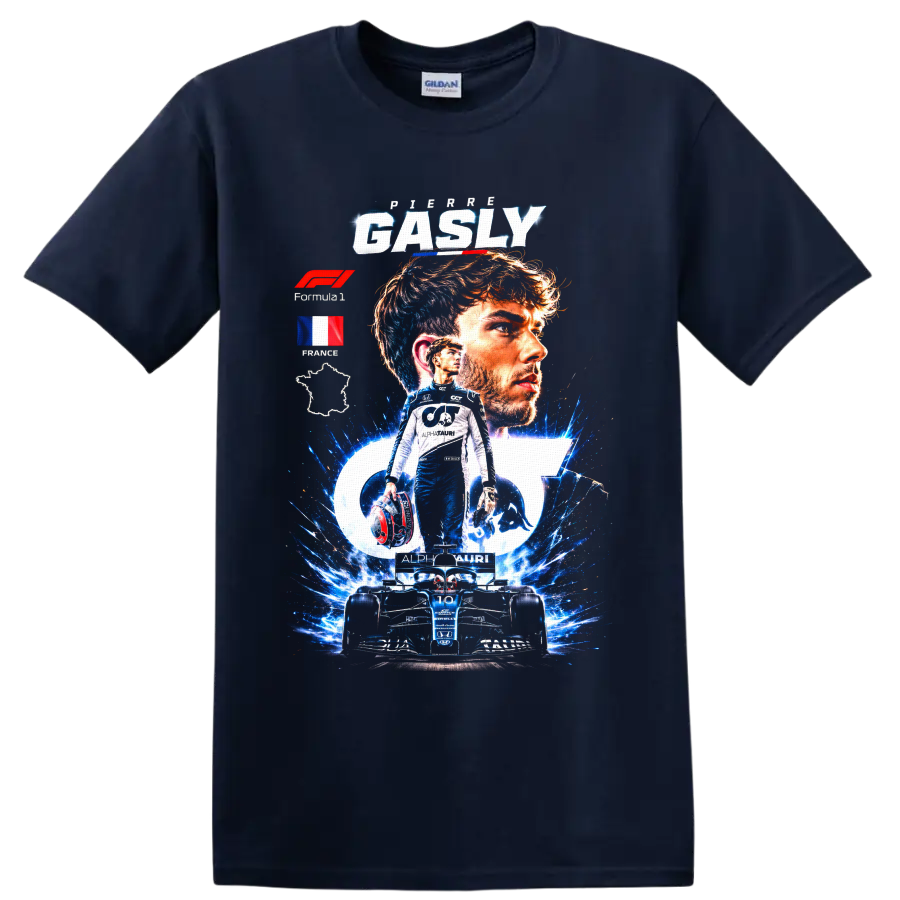 Pierre Gasly AlphaTauri Formula 1 portrait and race car graphic with French details on a Navy (Blue) T Shirt