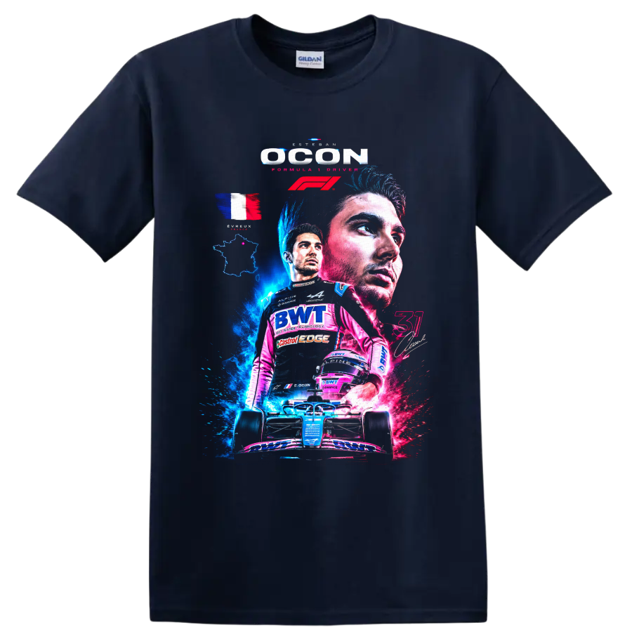 Esteban Ocon Alpine Formula 1 collage with French flag, helmet, and race car on a Navy (Blue) T Shirt