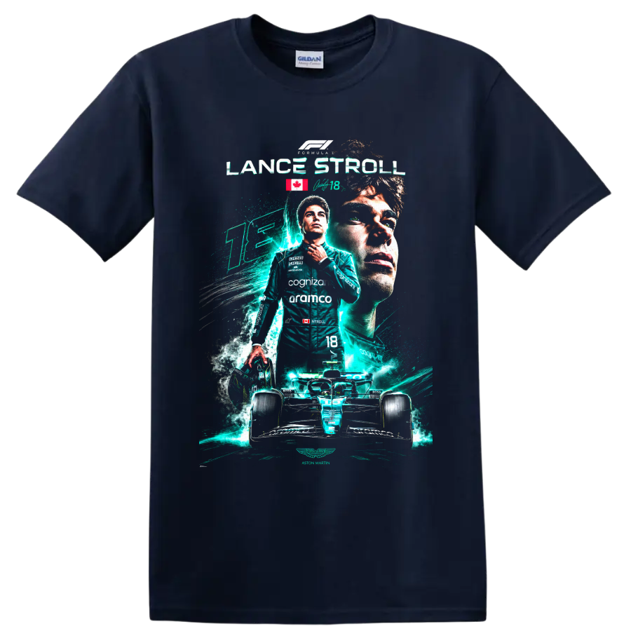 Lance Stroll Aston Martin Formula 1 driver collage with number 18 race car on a Navy (Blue) T Shirt
