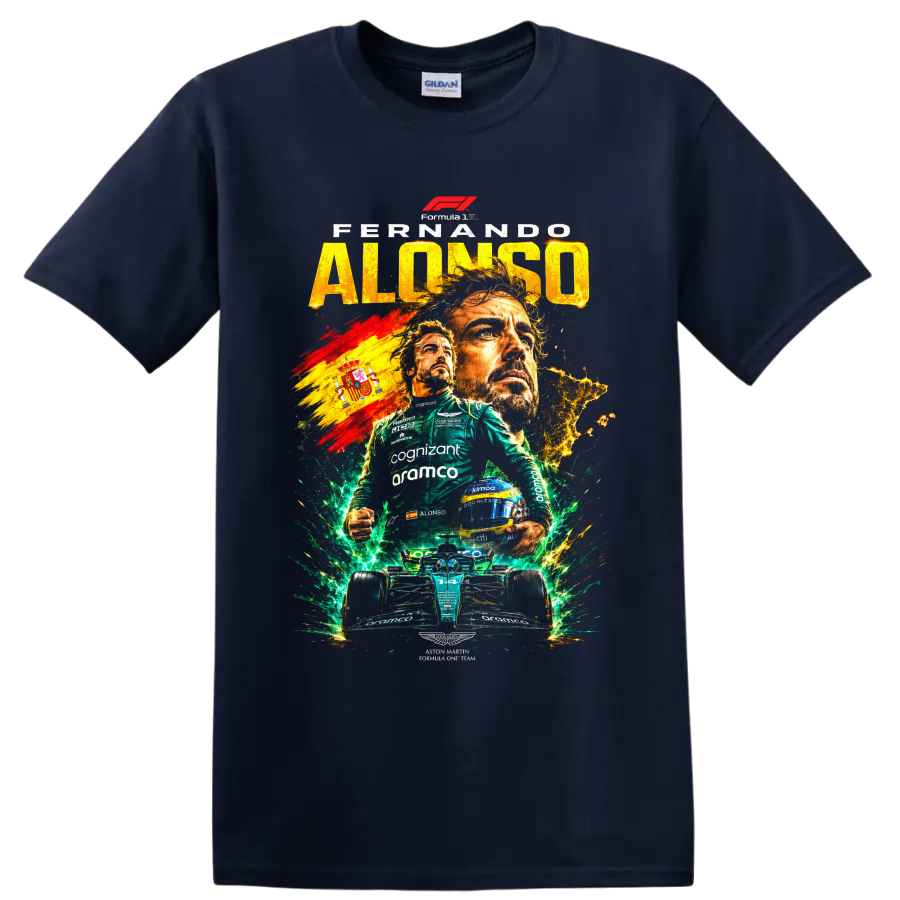 Fernando Alonso Aston Martin Formula 1 collage with number 14 car and Spanish flag on a Navy (Blue) T Shirt