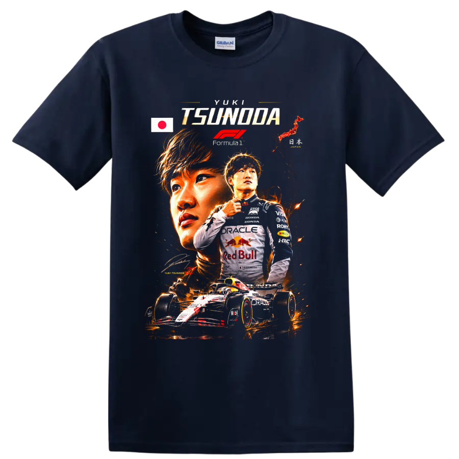 Yuki Tsunoda Formula 1 racing collage with Japanese flag, fiery portraits, and race car on a Navy (Blue) T Shirt