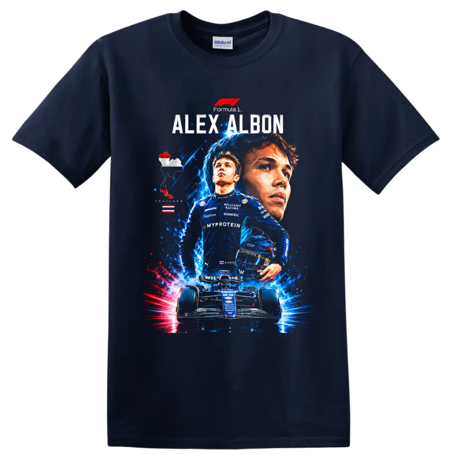 Alex Albon Williams Racing Formula 1 portrait, driver, helmet and race car graphic on a Navy (Blue) T Shirt