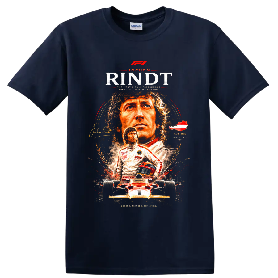 Jochen Rindt Team Lotus vintage Formula 1 portrait and race car graphic print on a Navy (Blue) T Shirt