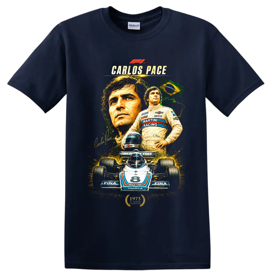 Carlos Pace portrait and Brabham Martini number 8 Formula 1 car collage on a Navy (Blue) T Shirt