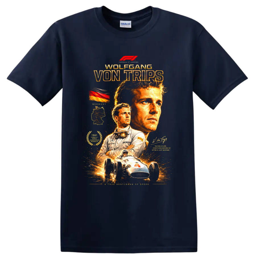 Wolfgang von Trips vintage racing portraits with German flag and open-wheel race car on a Navy (Blue) T Shirt