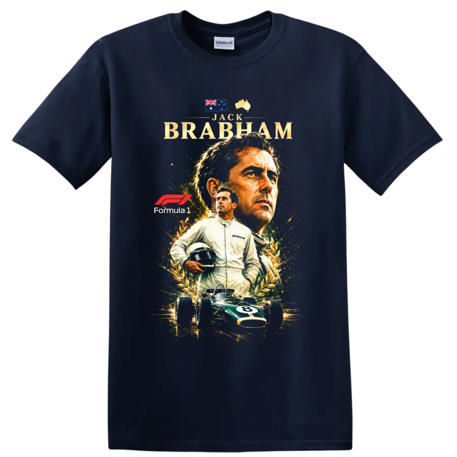 Jack Brabham Formula 1 tribute with Australian symbols, laurel art and vintage race car on a Navy (Blue) T Shirt