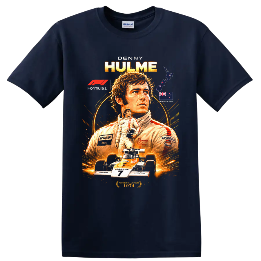Denny Hulme Formula 1 portrait with McLaren race car and New Zealand flag artwork on a Navy (Blue) T Shirt