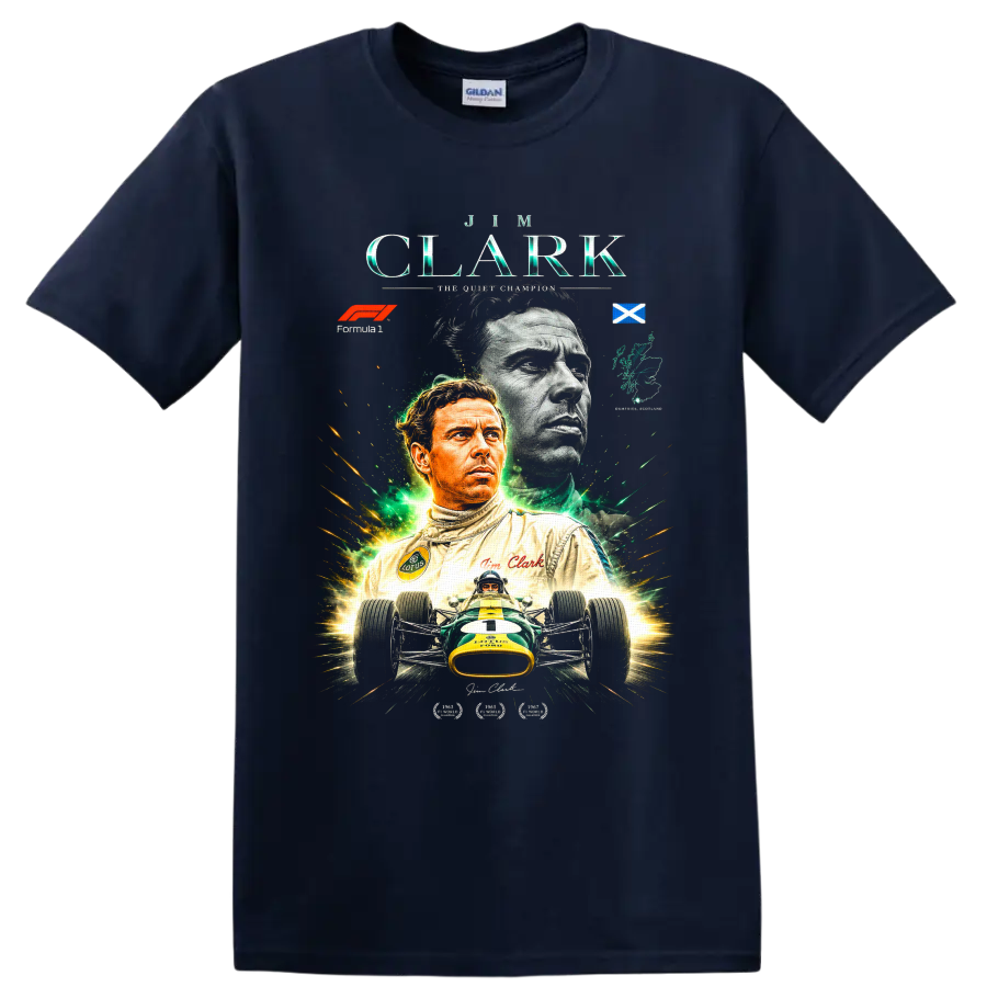 Jim Clark Lotus Formula 1 tribute with Scottish flag, portraits, and vintage race car on a Navy (Blue) T Shirt