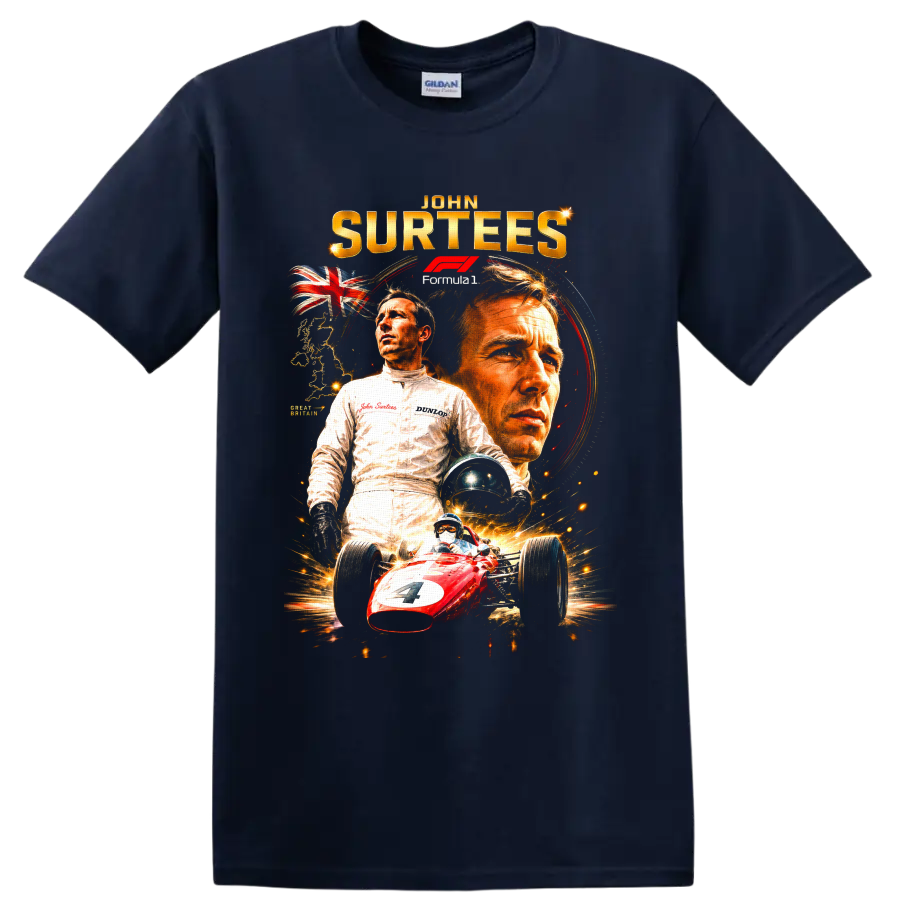 John Surtees Formula 1 collage with portraits, Union Jack, helmet, and red number 7 car on a Navy (Blue) T Shirt
