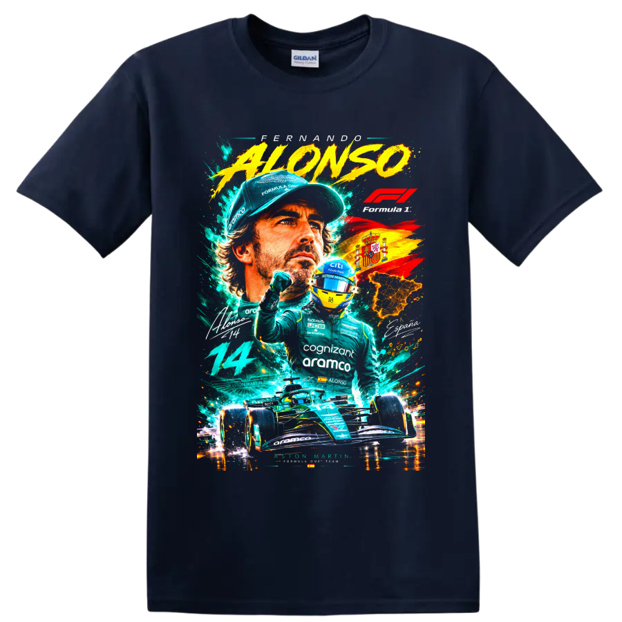 Fernando Alonso Formula 1 racing collage with Aston Martin car, helmet, number 14 and on a Navy (Blue) T Shirt