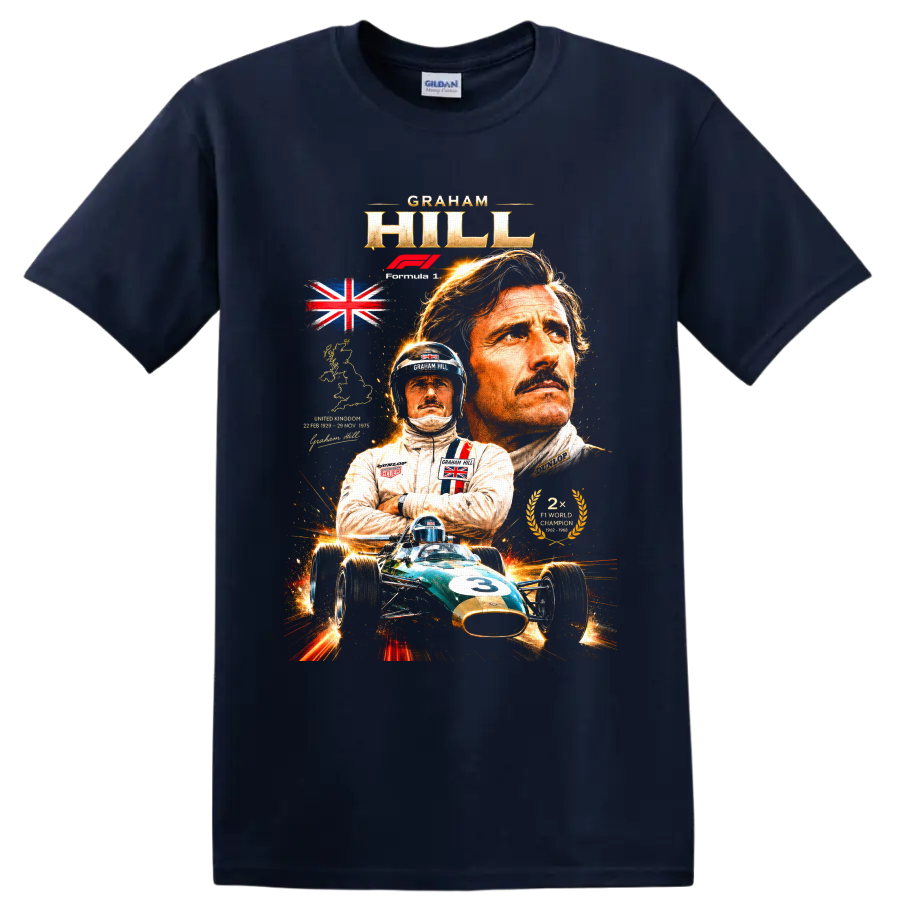 Graham Hill portrait and vintage number 3 Formula 1 car British racing tribute on a Navy (Blue) T Shirt