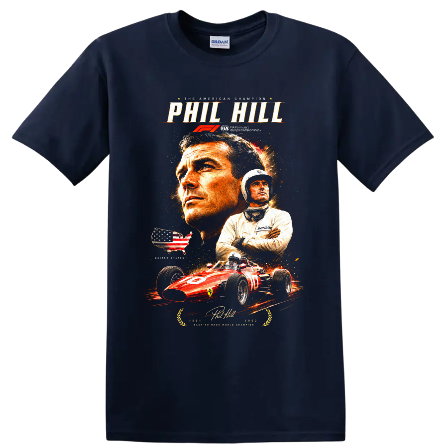 Phil Hill portraits and 1961 Ferrari race car American Champion graphic on a Navy (Blue) T Shirt