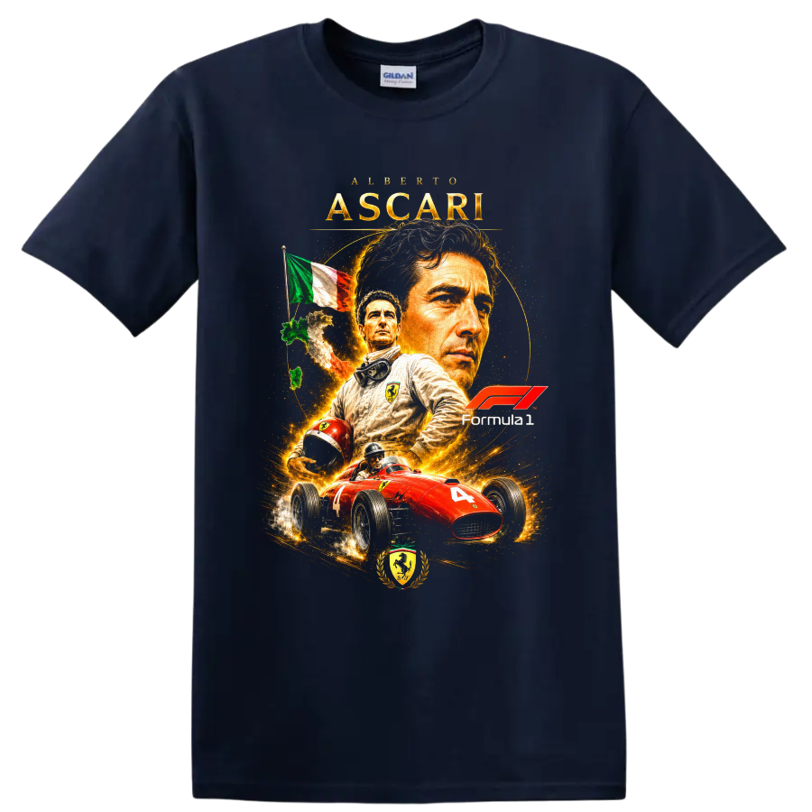 Alberto Ascari Ferrari Formula 1 portrait with red number 4 vintage race car on a Navy (Blue) T Shirt