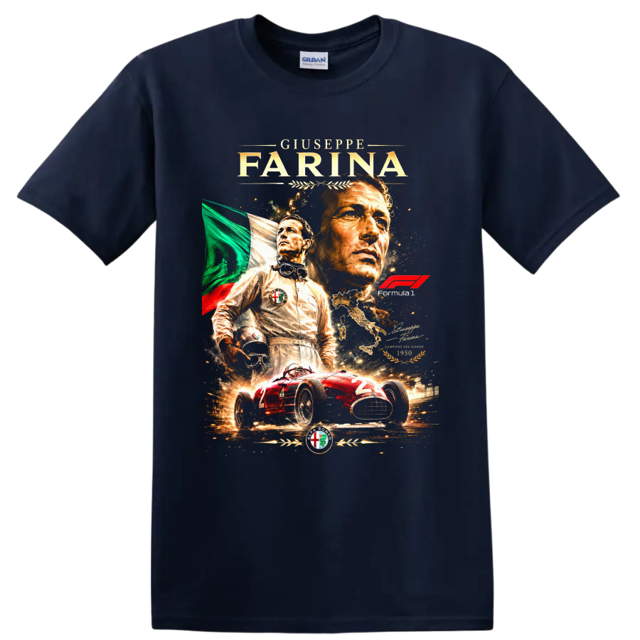 Giuseppe Farina vintage Formula 1 portrait with Alfa Romeo race car and Italian flag on a Navy (Blue) T Shirt