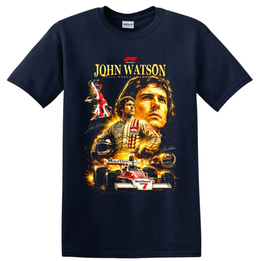 John Watson McLaren Formula 1 portrait collage with British map and number 7 race car on a Navy (Blue) T Shirt