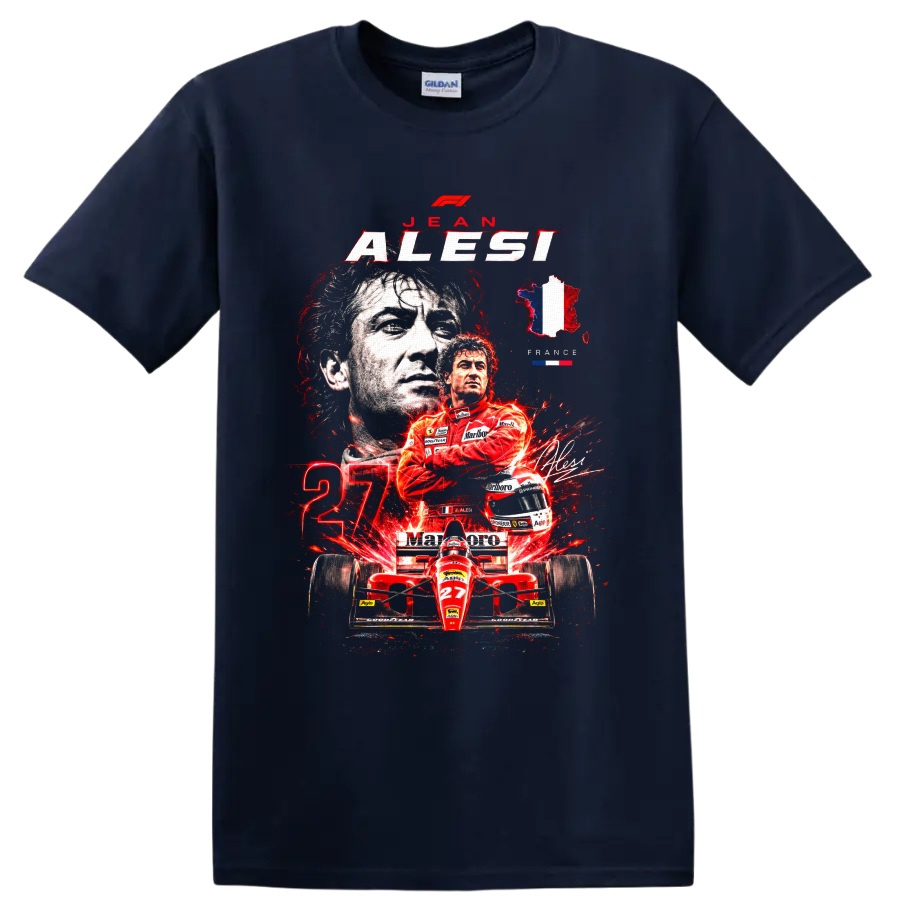 Jean Alesi Ferrari Formula 1 portrait, red number 27 car, and France graphic on a Navy (Blue) T Shirt