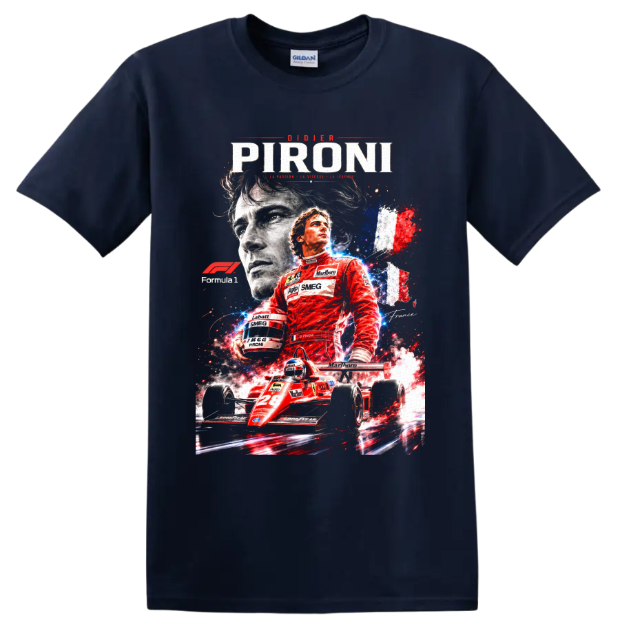 Didier Pironi Ferrari No. 28 Formula 1 collage with French tricolor racing art on a Navy (Blue) T Shirt