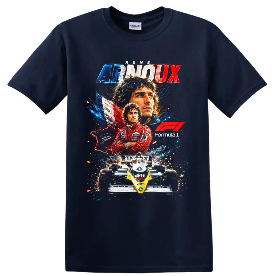 René Arnoux Renault Formula 1 retro collage with driver portraits and No. 16 race car on a Navy (Blue) T Shirt