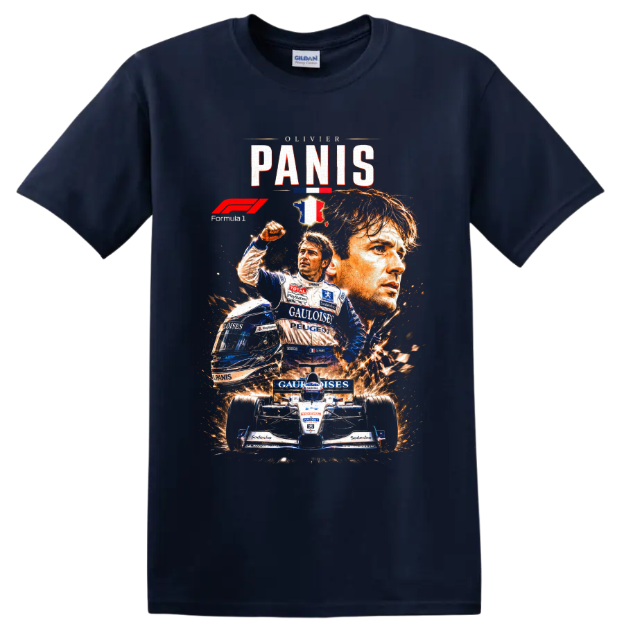 Olivier Panis Ligier Formula 1 portrait collage with French racing car and sparks on a Navy (Blue) T Shirt