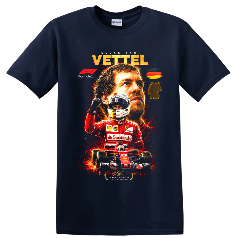 Sebastian Vettel Ferrari Formula 1 portrait, helmet, and red race car graphic on a Navy (Blue) T Shirt