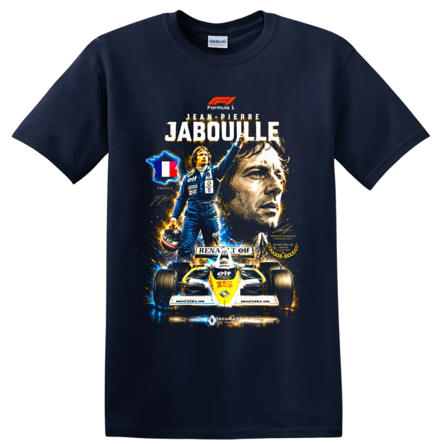 Jean-Pierre Jabouille Renault Formula 1 vintage racing collage with No. 15 car on a Navy (Blue) T Shirt