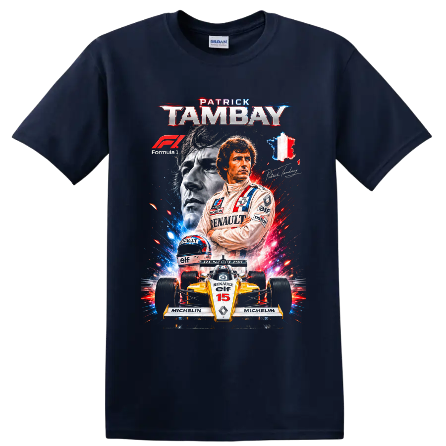 Patrick Tambay Renault Formula 1 portrait, helmet, and number 15 race car graphic on a Navy (Blue) T Shirt