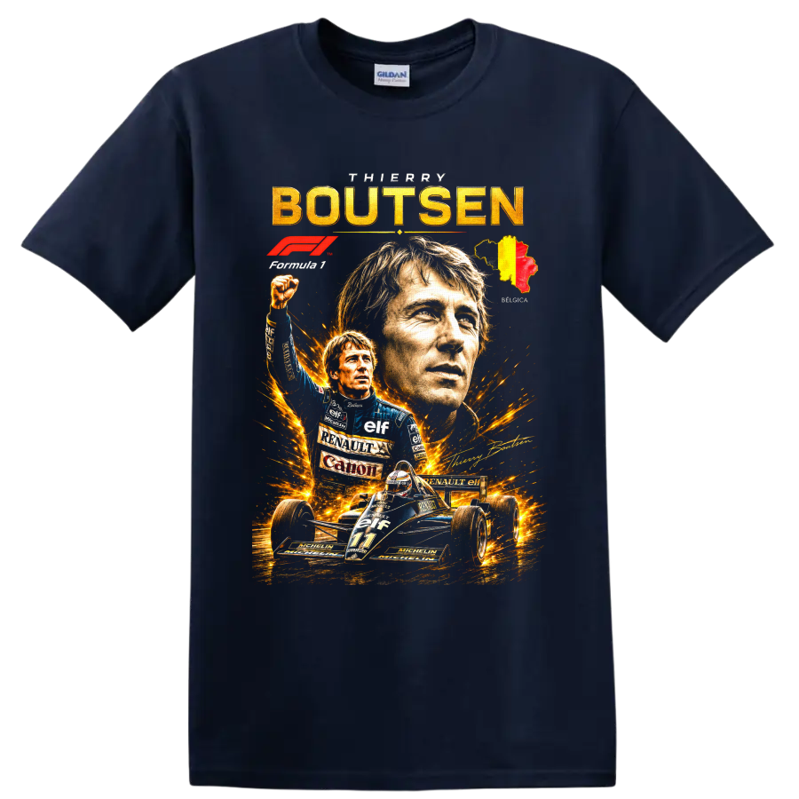 Thierry Boutsen Formula 1 portrait collage with Renault number 11 car and Belgian map on a Navy (Blue) T Shirt