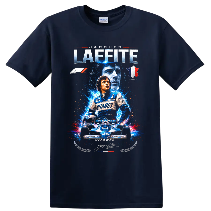 Jacques Laffite Ligier Formula 1 racing art with number 26 car and French tricolor on a Navy (Blue) T Shirt