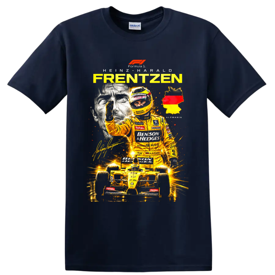 Heinz-Harald Frentzen Jordan Formula 1 yellow racing collage with Germany map on a Navy (Blue) T Shirt