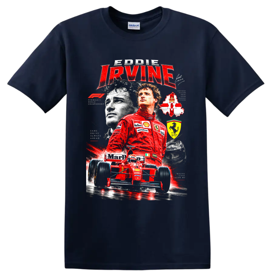 Eddie Irvine Ferrari Formula 1 collage with red race car, helmet, and Northern Ireland on a Navy (Blue) T Shirt