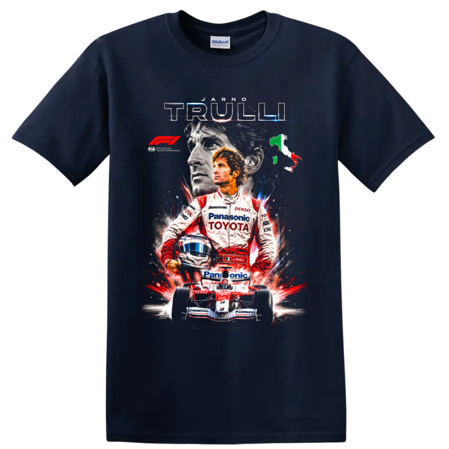 Jarno Trulli Toyota Formula 1 portrait with helmet, race car, and Italian map on a Navy (Blue) T Shirt