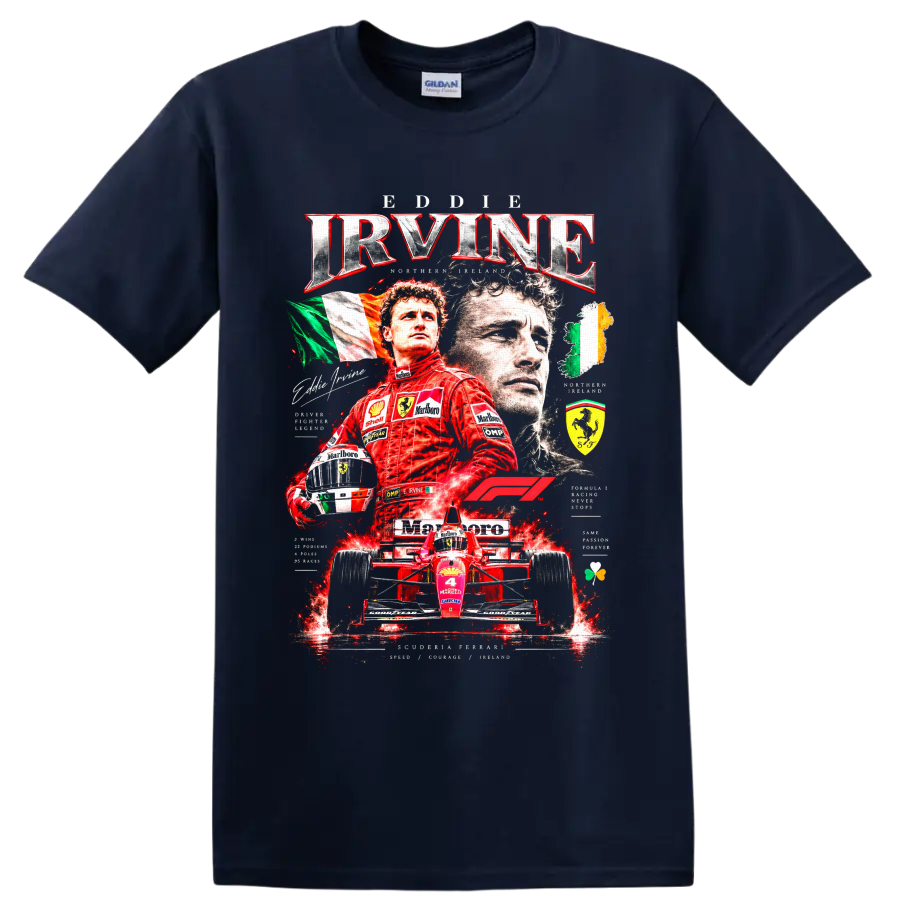 Eddie Irvine Ferrari Formula 1 collage with red race car, helmet, and Irish flags on a Navy (Blue) T Shirt