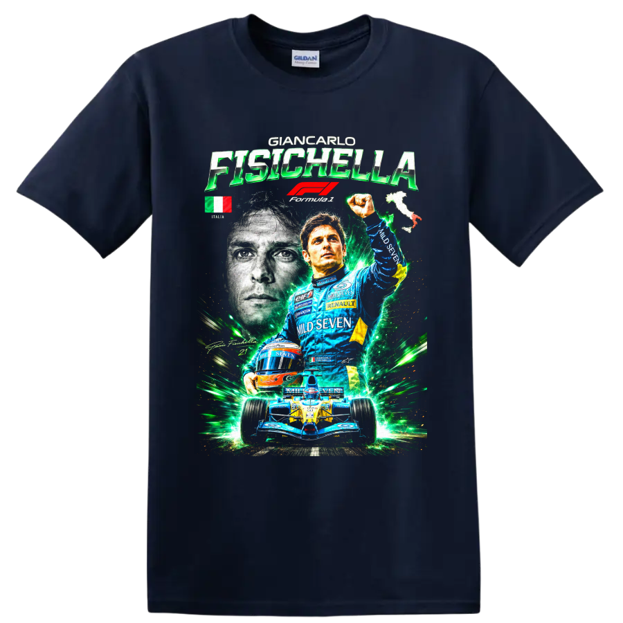 Giancarlo Fisichella Renault Formula 1 driver collage with race car and green energy on a Navy (Blue) T Shirt