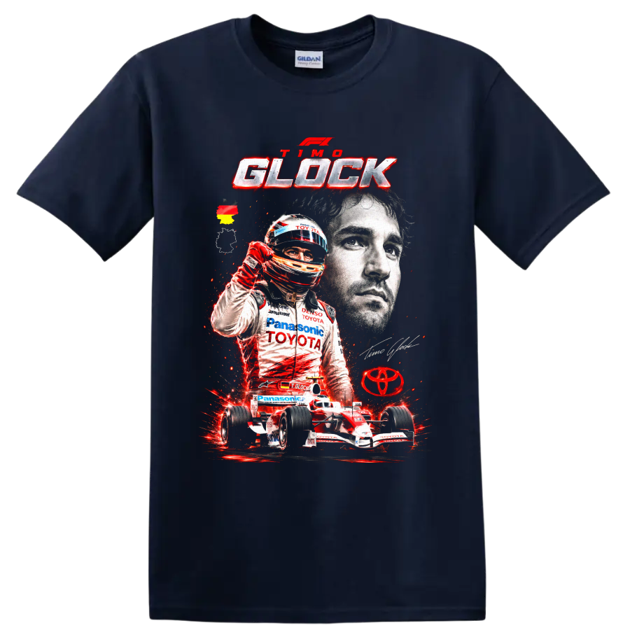 Timo Glock Toyota Formula 1 portrait, helmeted driver, and race car graphic on a Navy (Blue) T Shirt