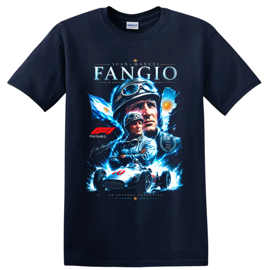 Juan Manuel Fangio portrait collage with vintage race car, Argentina flag, and laurels on a Navy (Blue) T Shirt